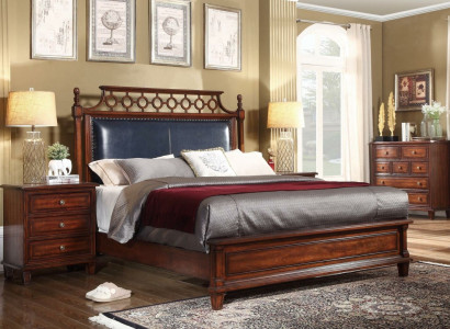 Echtholz Bett Leder 3tlg. Set Kommode Schlafzimmer Gründerzeit Garnitur Gruppe